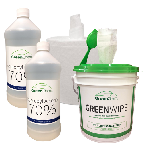GREENWIPE and Alcohol Kit | DRY Wipe System 6" x 12" x 180 Wipes With 32oz. Bottle of Alcohol | 1 Bucket - 2 Rolls - 2 IPA 70% 32oz. Bottles - Buygreenchem